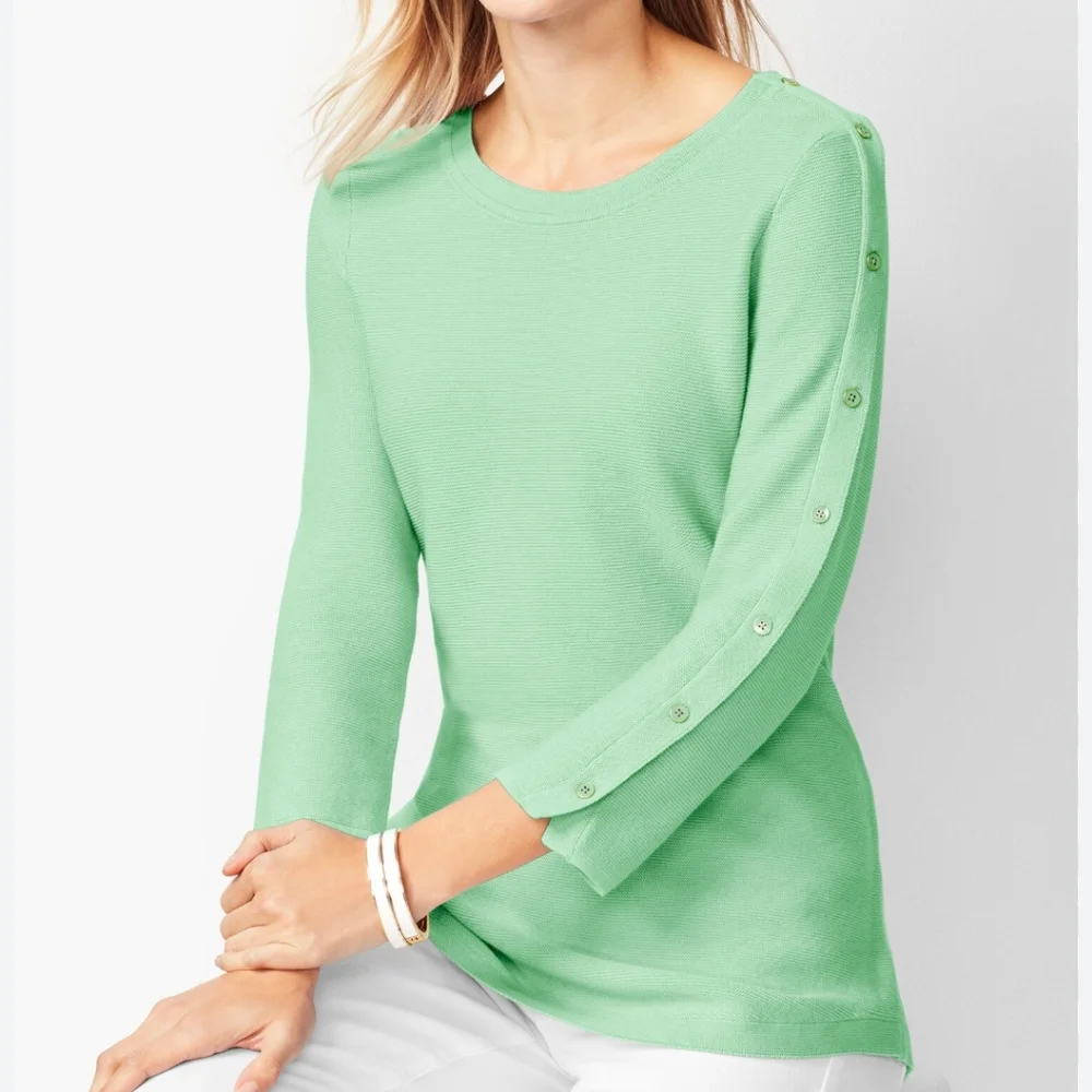 NWT Talbots Petite Mint Green Button-Sleeve Sweater - Size Large Petite (PL) - Picture 2 of 10
